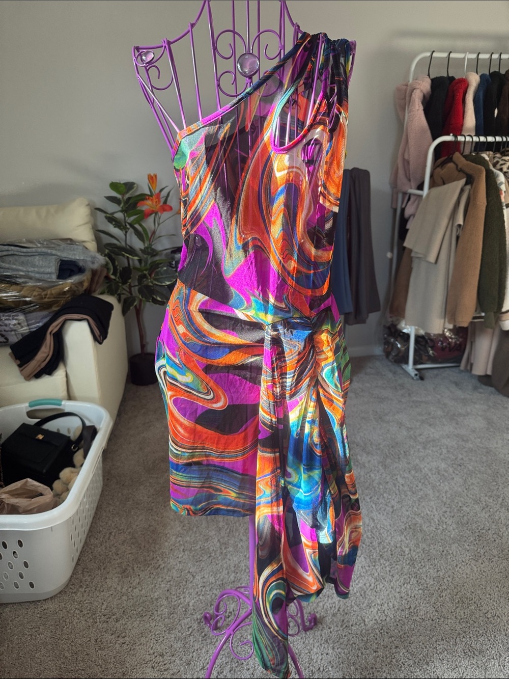 Fashion Nova Sheer Vibrant One-Shoulder Swirl Print Dress with Side Tie